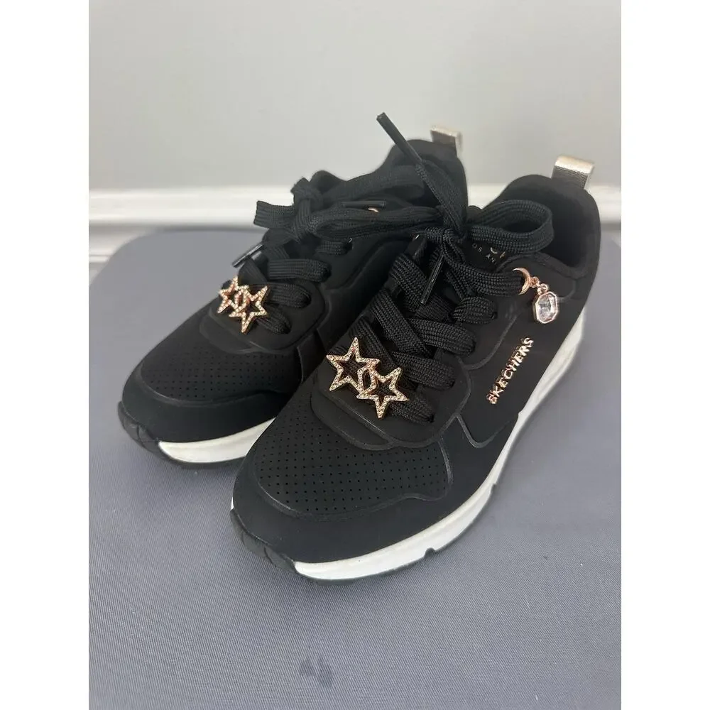Skechers Memory Foam Shoes Girls Size 1 Black Rhinestone Star Sneakers 310562L